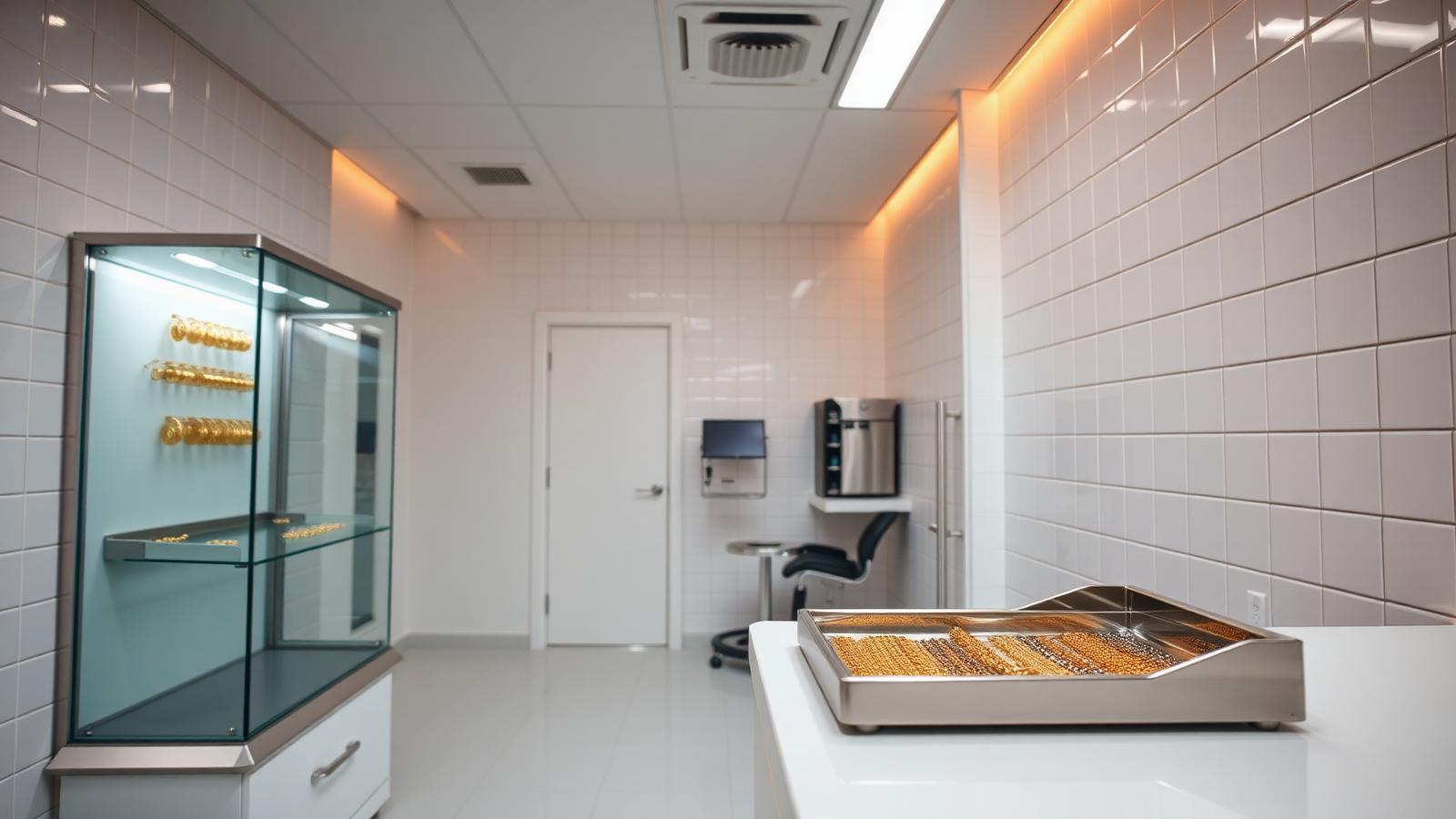 Clean modern piercing studio interior with a glass case of gold jewelry, sterile stainless steel tray, and white tile walls