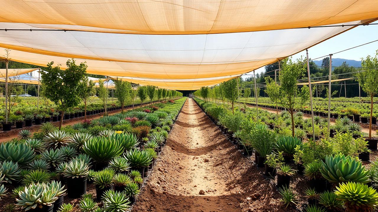 Rows of succulents, citrus trees and native plants under shade cloth at a Southern California nursery