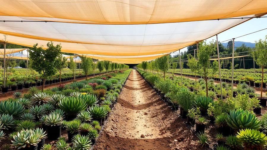 Rows of succulents, citrus trees and native plants under shade cloth at a Southern California nursery