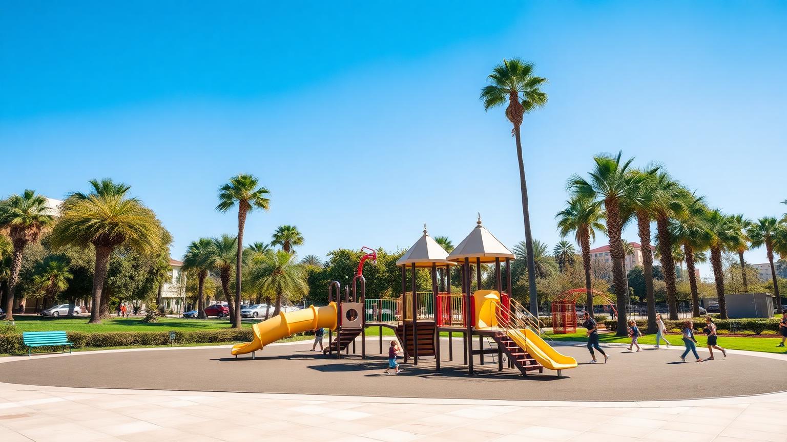 Colorful public playground with slides and climbing structures under palm trees in a sunny San Diego park