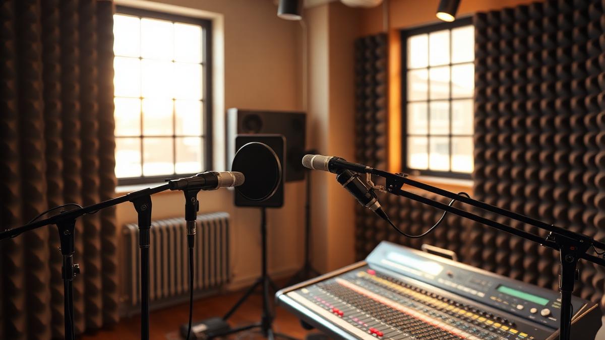 A treated San Diego podcast studio with two broadcast microphones on boom arms and a mixing console
