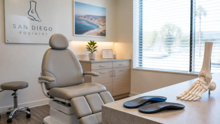 Podiatrist examining a patient's foot in a San Diego clinic with custom orthotic insoles on the exam table