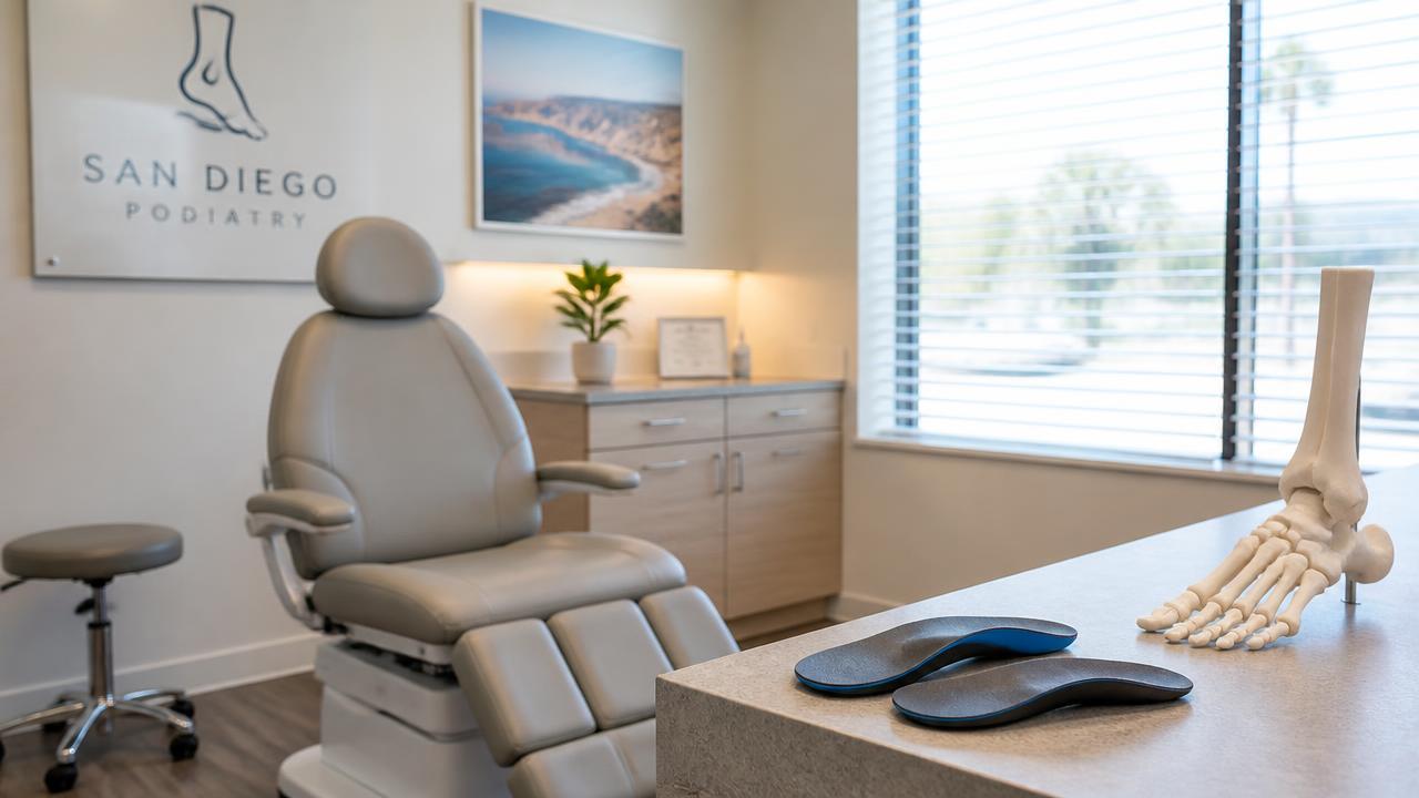 Podiatrist examining a patient's foot in a San Diego clinic with custom orthotic insoles on the exam table