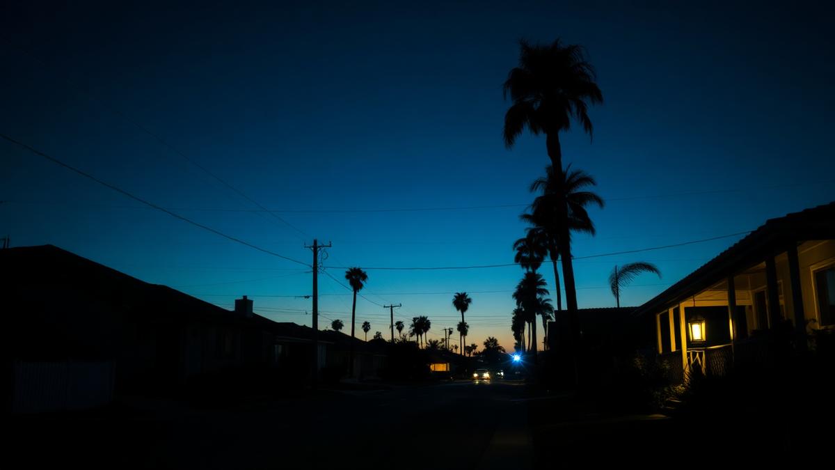 A dark San Diego residential street during a power outage at dusk with a lantern glowing on a porch