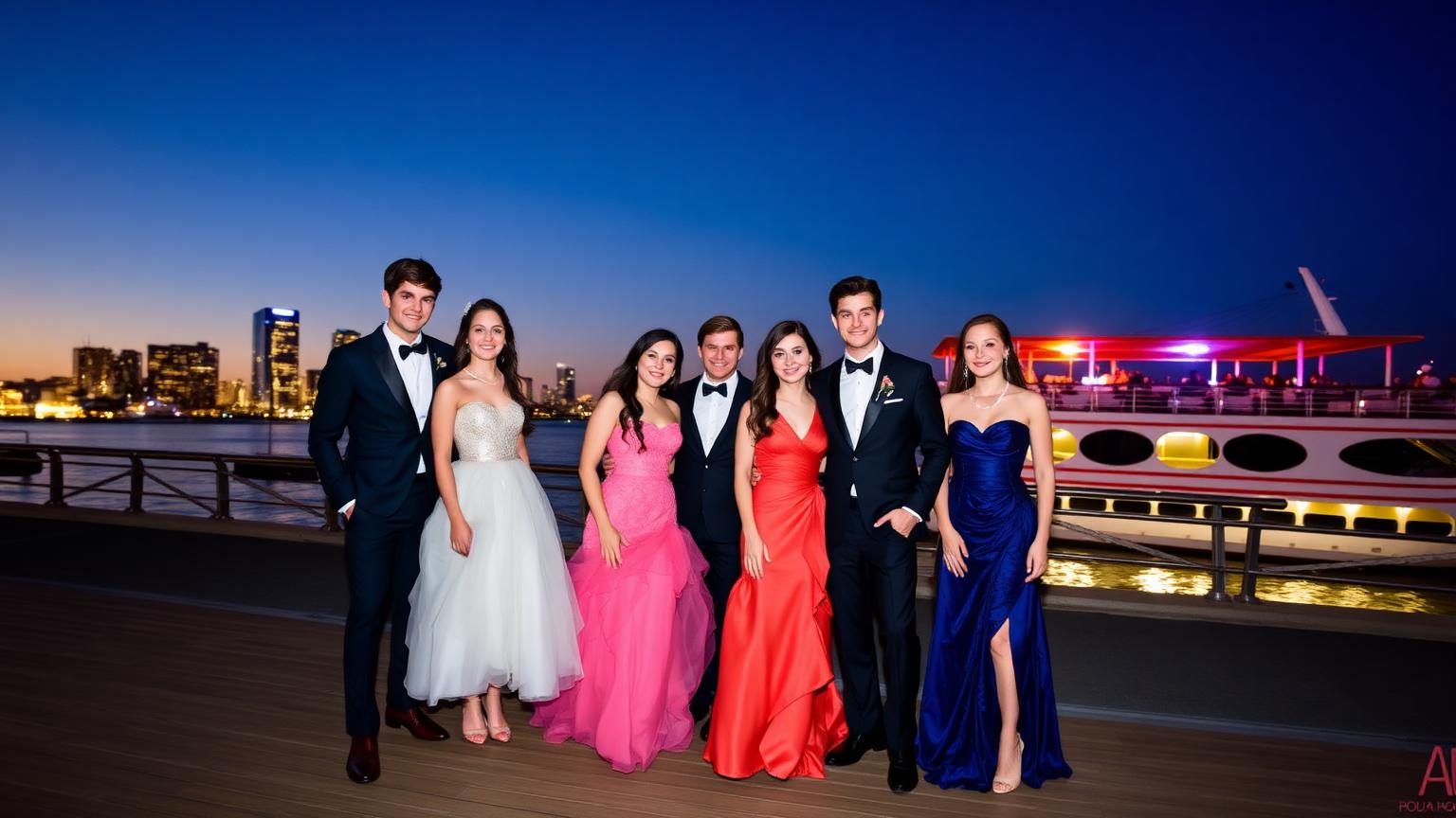 Group of teens in formal wear on a San Diego bayfront boardwalk at dusk before prom