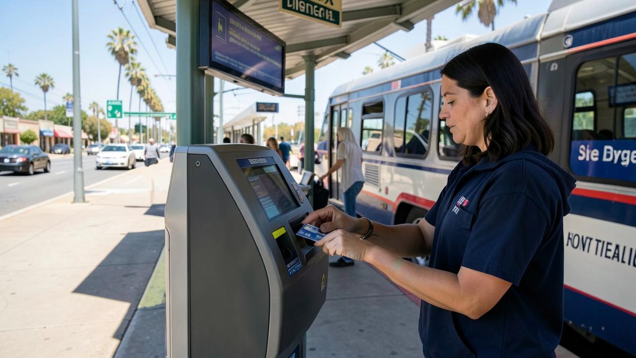 A transit rider tapping a PRONTO fare card at a validator on a San Diego trolley station platform