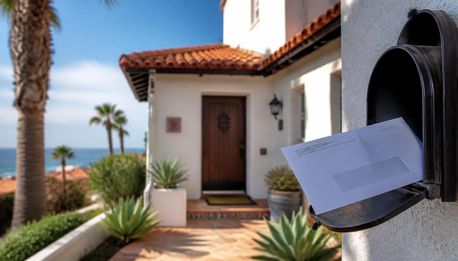 A Spanish-style San Diego home with a tax bill envelope in the curbside mailbox on a sunny coastal street