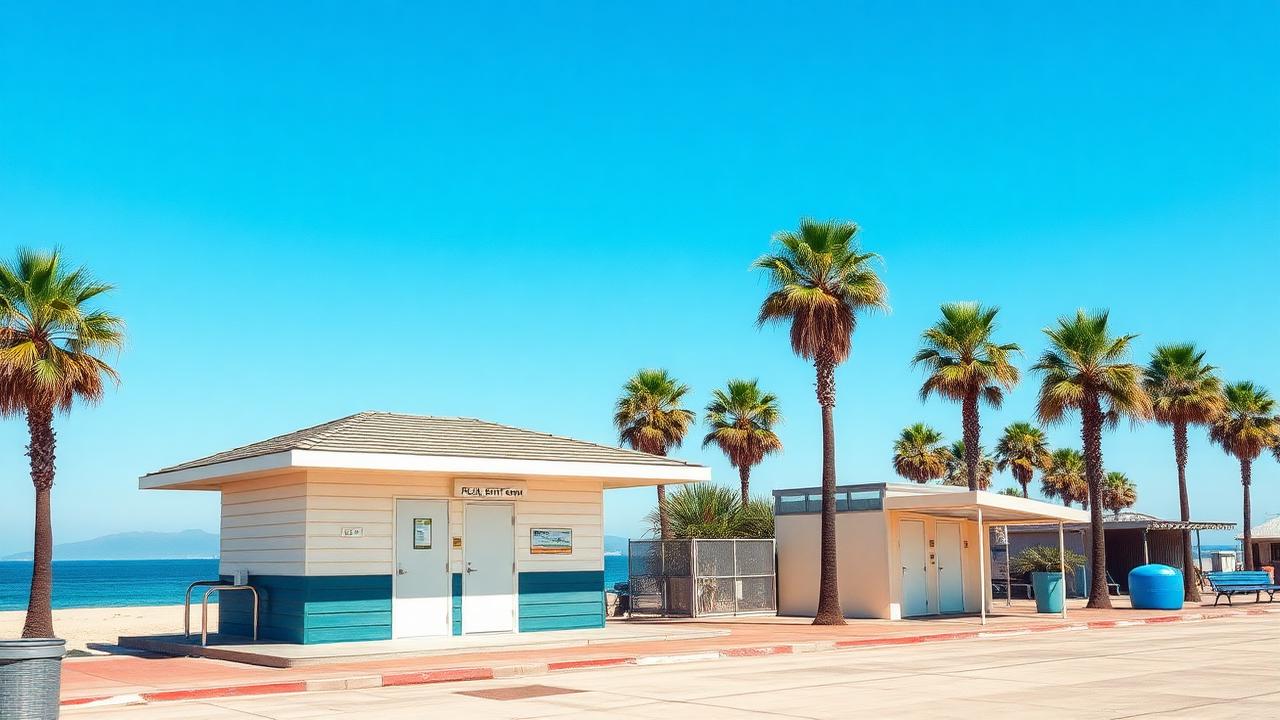 Beachfront public restroom building with outdoor rinse showers and palm trees in San Diego