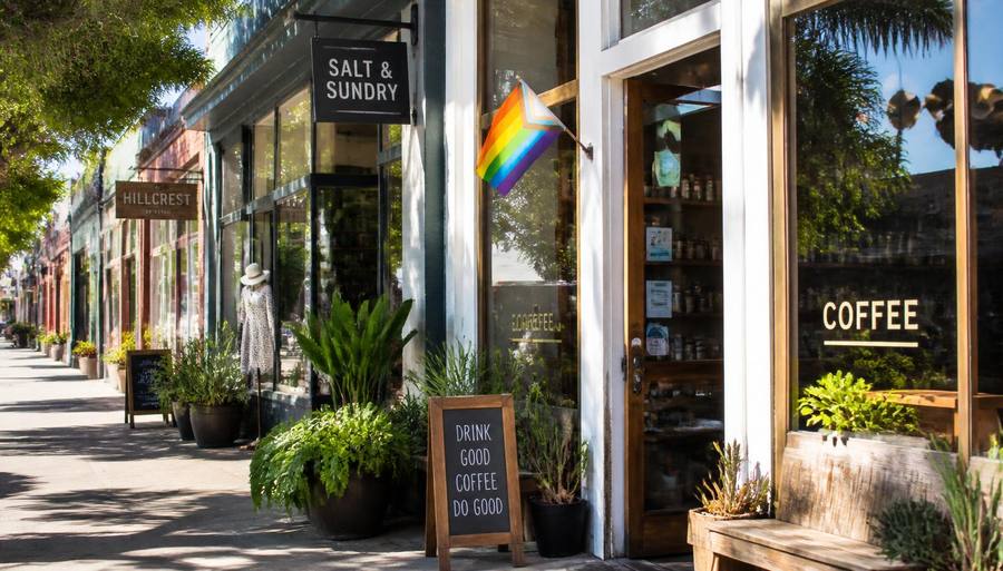Sunny Hillcrest storefronts with a rainbow pride flag by the door, potted plants and a sandwich board on the sidewalk
