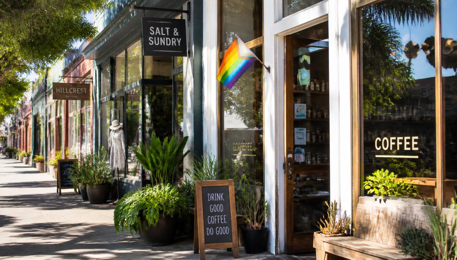 Sunny Hillcrest storefronts with a rainbow pride flag by the door, potted plants and a sandwich board on the sidewalk