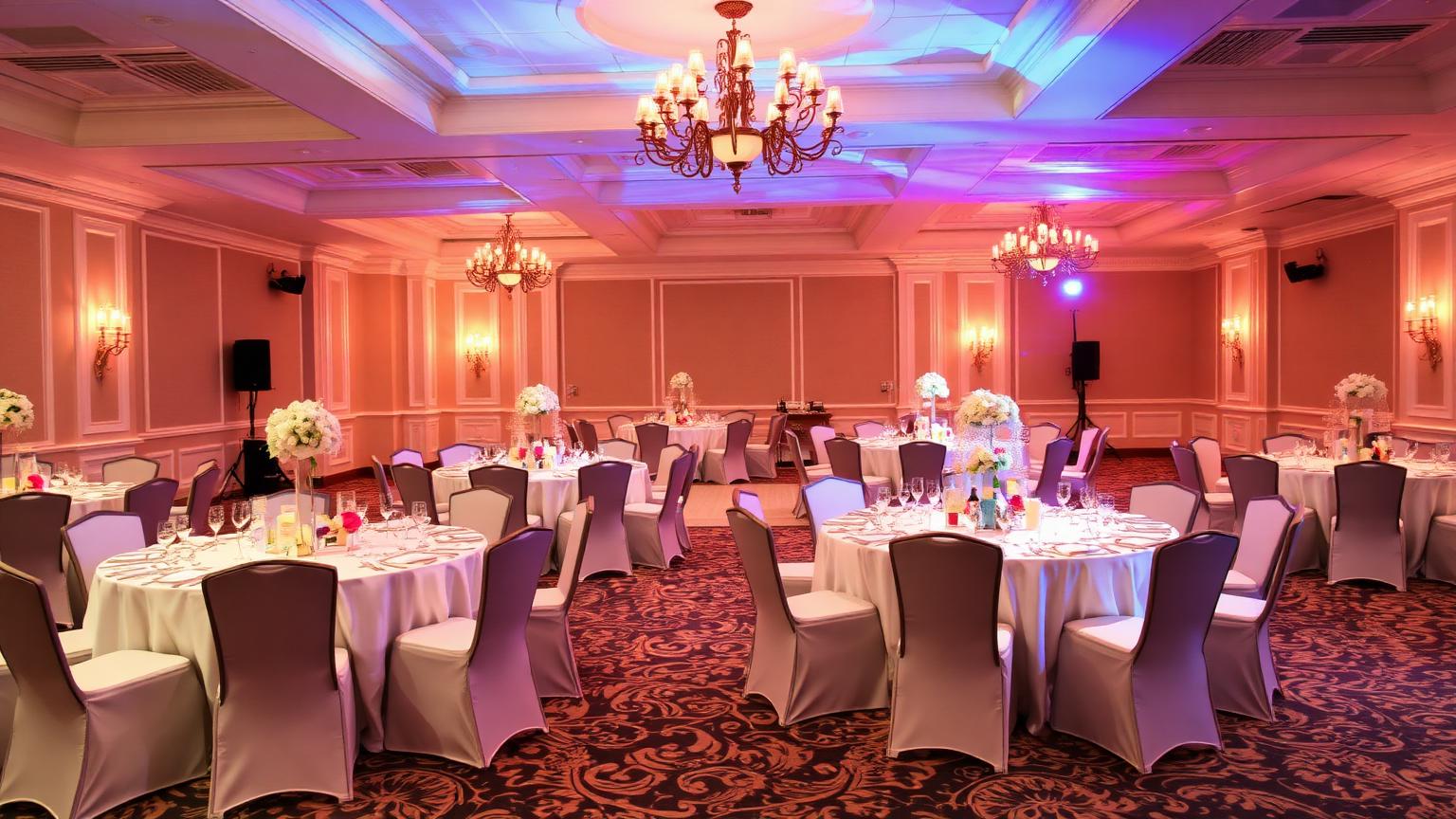 Decorated quinceañera ballroom in San Diego with round tables, floral centerpieces and warm uplighting