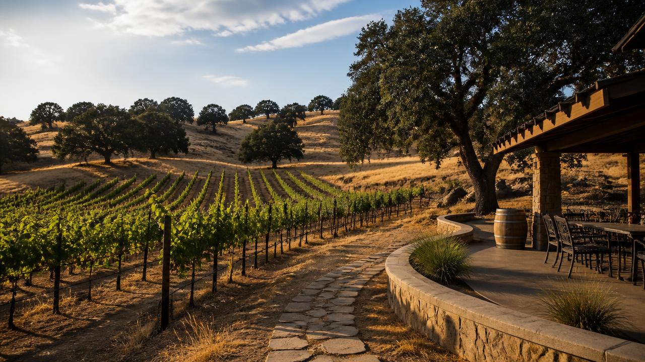 Rows of grapevines on golden Ramona Valley hills with oak trees and a rustic winery tasting patio in late afternoon light