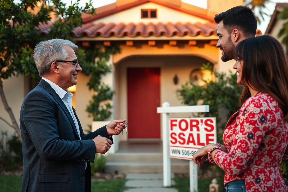 Real estate agent handing house keys to a young couple outside a Spanish-style San Diego bungalow with a for-sale sign
