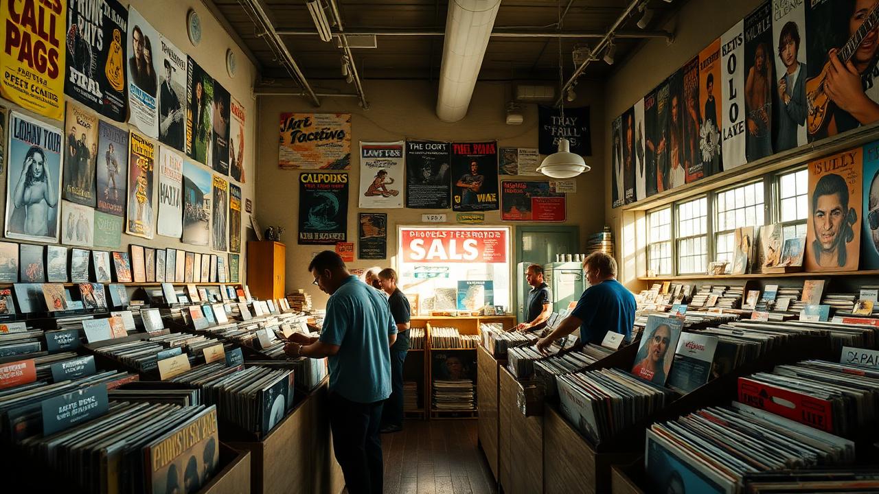 Customers flipping through vinyl crates in a San Diego record store with band posters on the walls