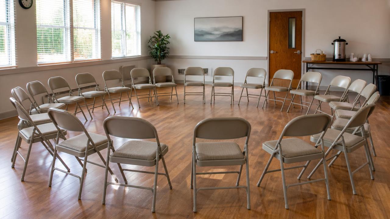 Circle of empty folding chairs and a coffee urn in a bright community meeting room used for recovery meetings