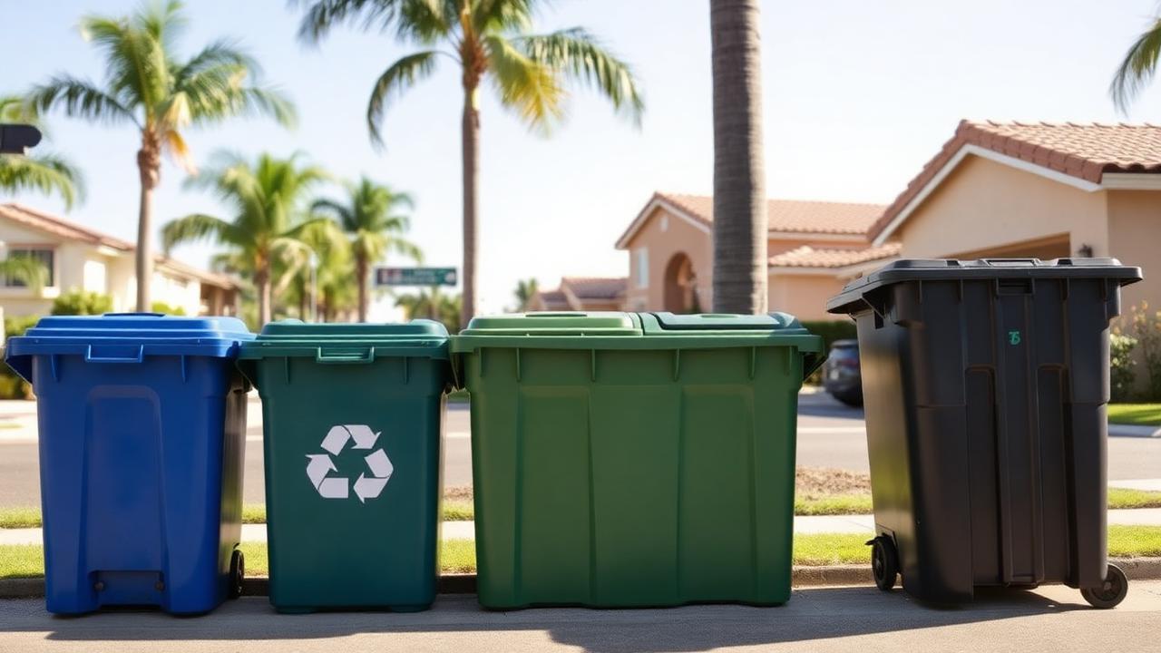 Blue recycling bin, green organics bin and black trash bin at a curb in a San Diego neighborhood with palm trees