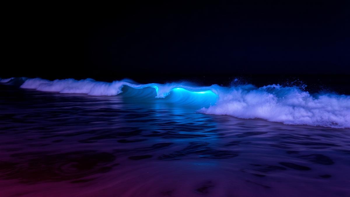 Bioluminescent blue glowing waves breaking at night on a dark San Diego beach during a red tide