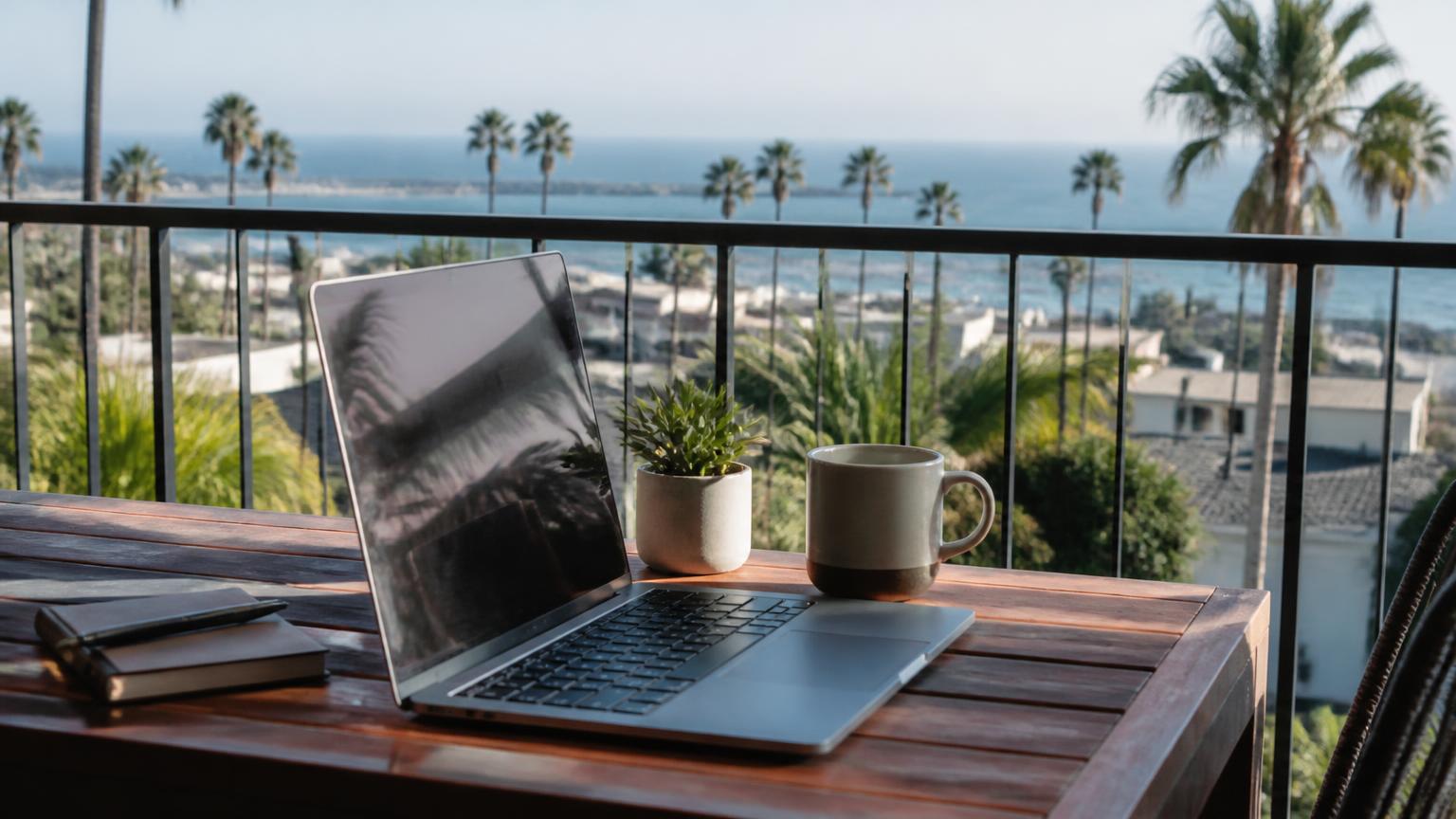 Laptop and coffee cup on a sunlit balcony table overlooking palm trees and the ocean in San Diego