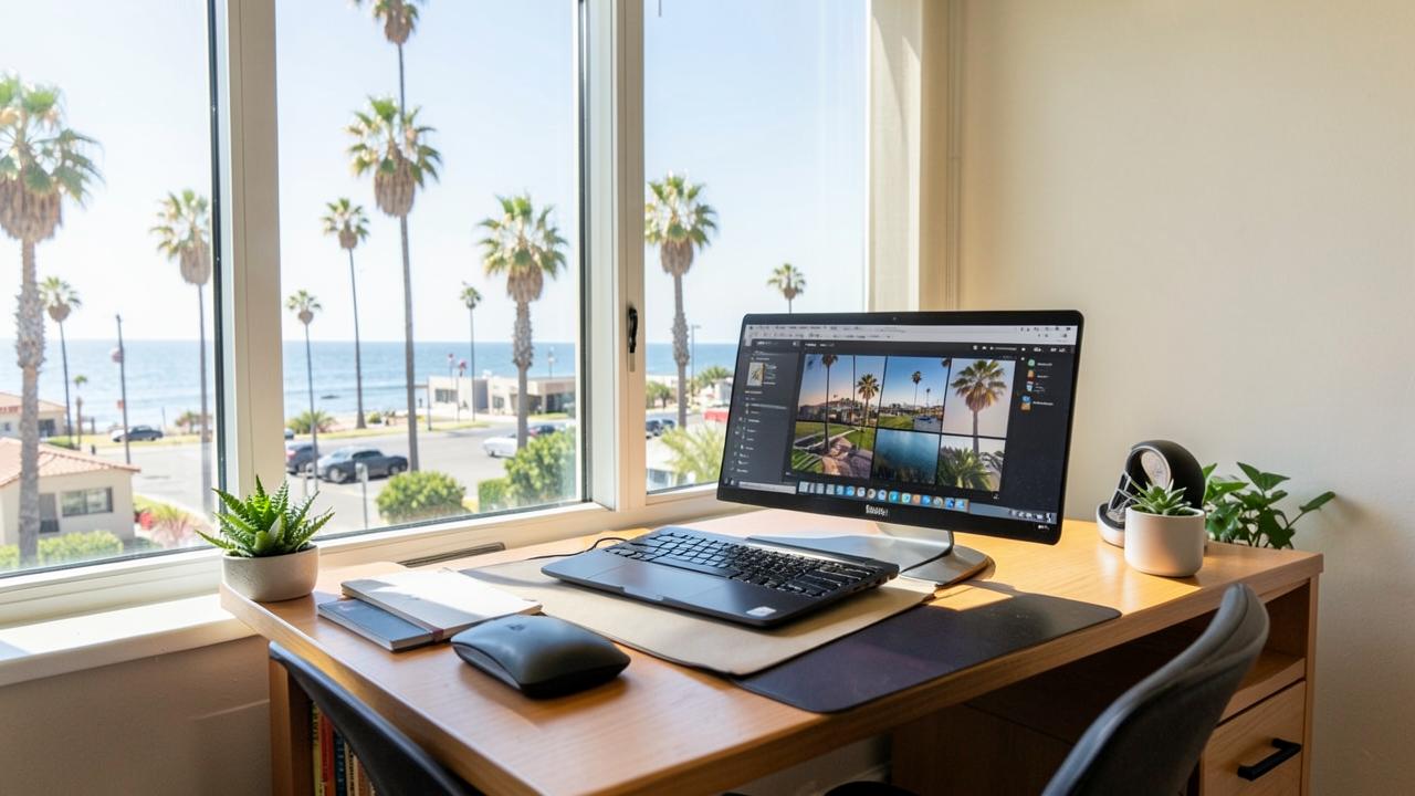Sunlit home office desk with laptop beside a window overlooking palm trees and the San Diego coastline