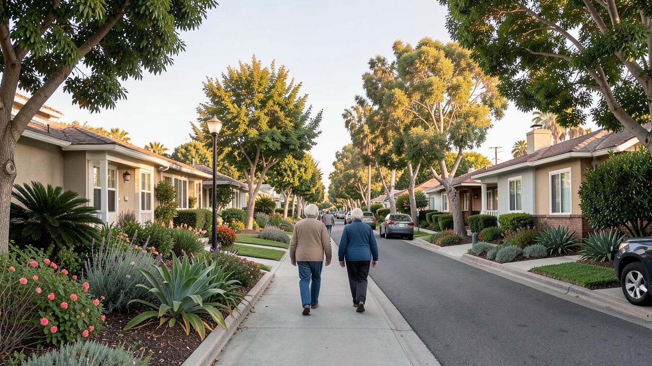 Quiet San Diego retirement neighborhood street with single-story homes, mature landscaping and residents walking
