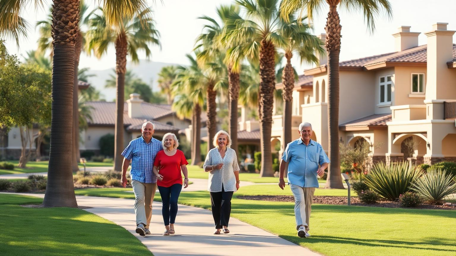 Active older adults walking a landscaped path past Spanish-style buildings in a San Diego retirement community