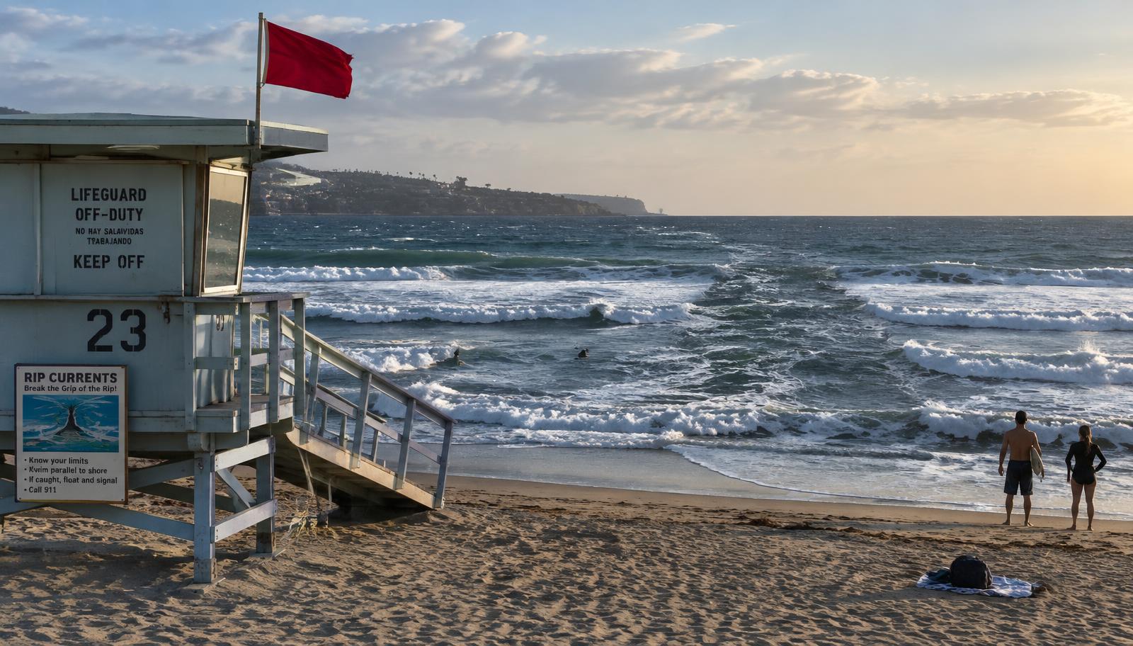 Red warning flag flying on a San Diego lifeguard tower above choppy surf