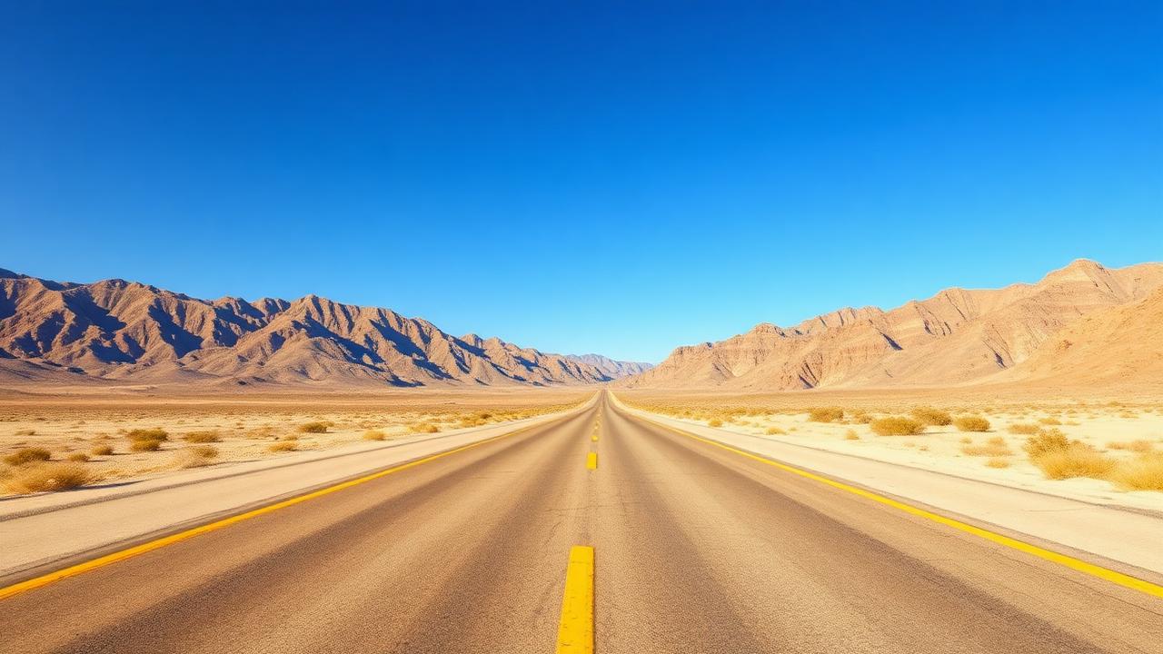 Open desert highway heading toward mountains under a clear blue Southern California sky