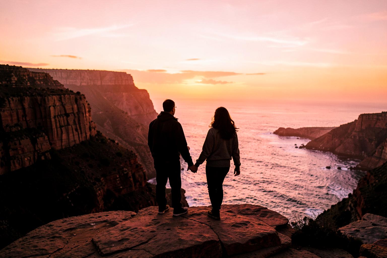 Couple holding hands on a sandstone cliff at Sunset Cliffs in San Diego as the sun sets over the Pacific