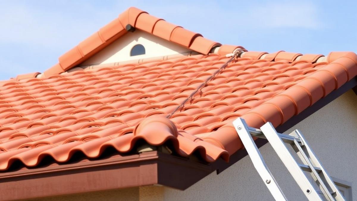 New red clay tile roof with a ladder resting against the eave on a San Diego home