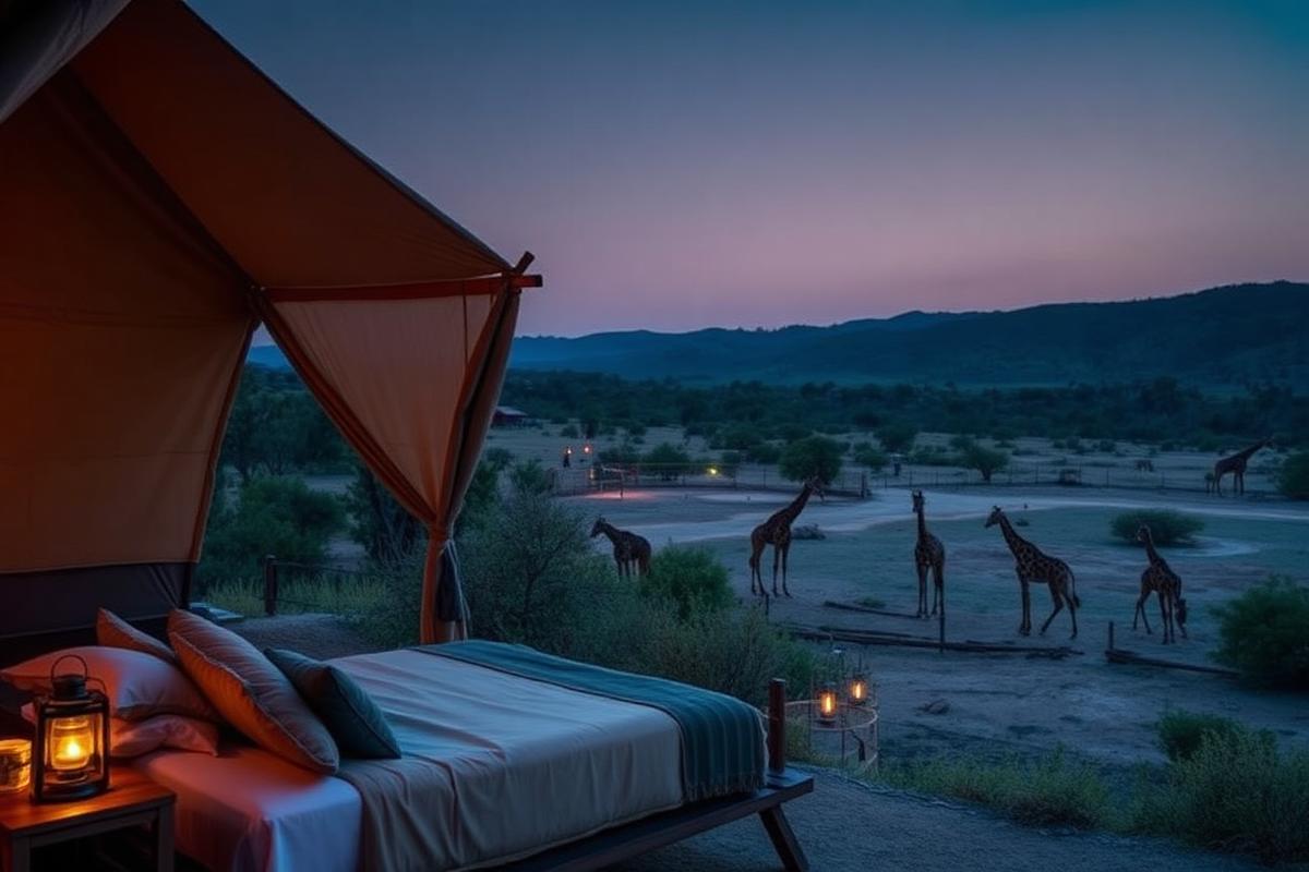 Safari-style canvas tent lodging at dusk overlooking a wildlife enclosure with giraffes in the distance