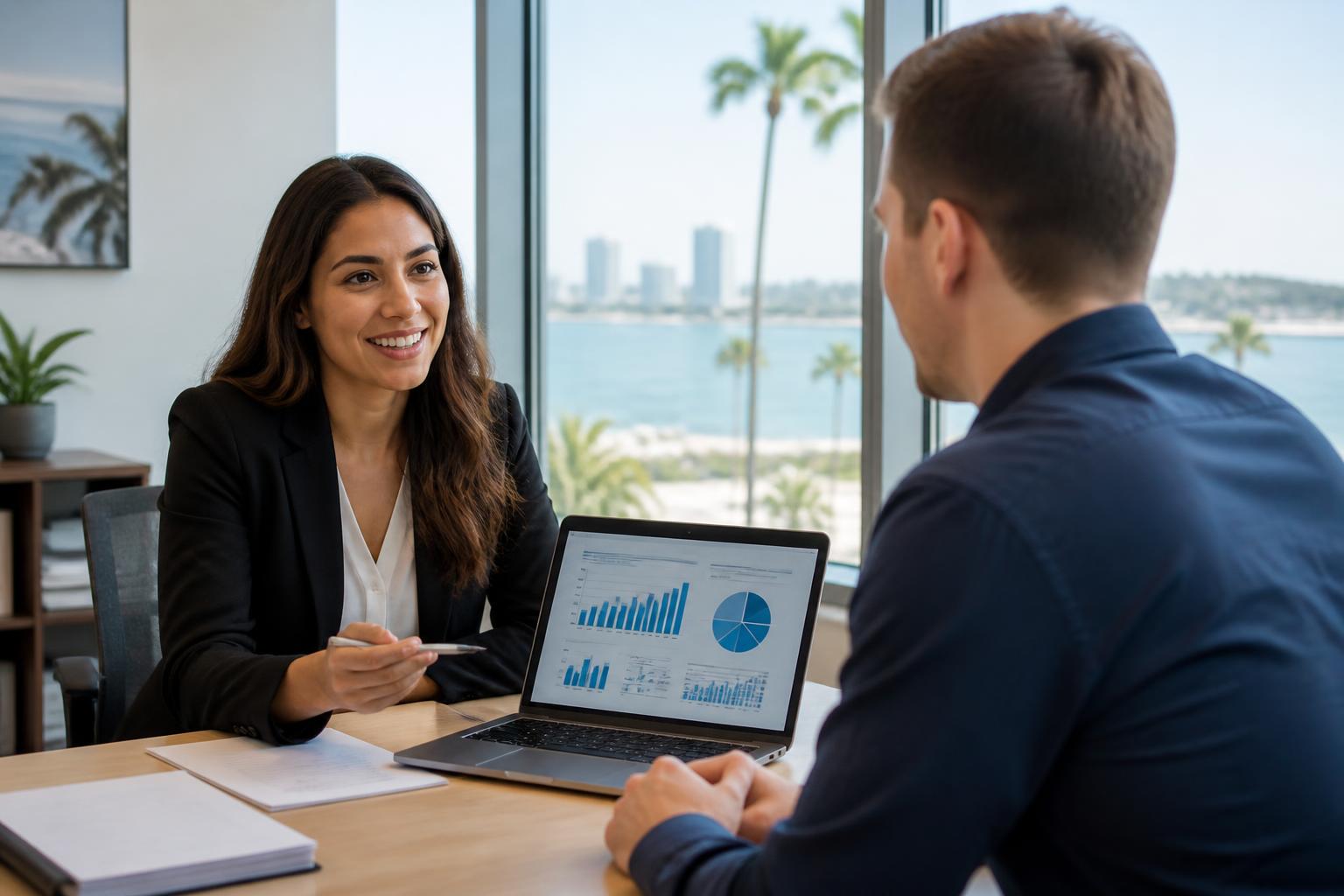 Two professionals reviewing salary and compensation charts on a laptop in a San Diego office with ocean view