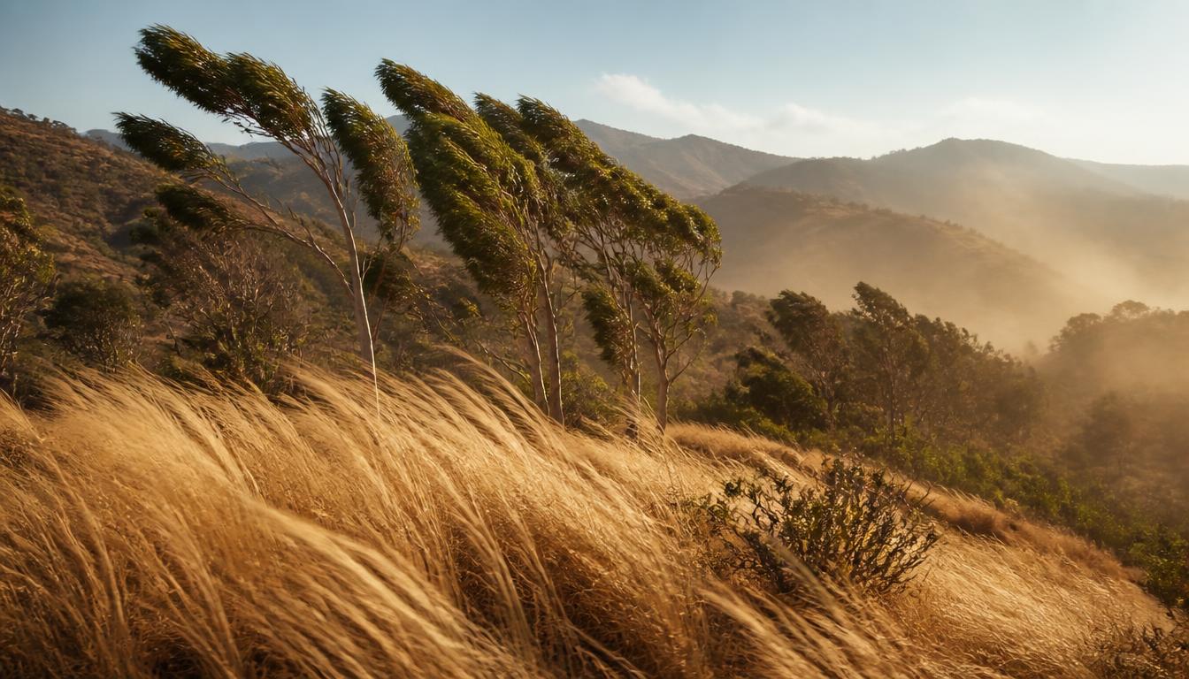 Dry Southern California canyon during a Santa Ana wind event with golden grasses and eucalyptus trees bending in warm dusty light