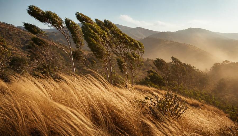 Dry Southern California canyon during a Santa Ana wind event with golden grasses and eucalyptus trees bending in warm dusty light