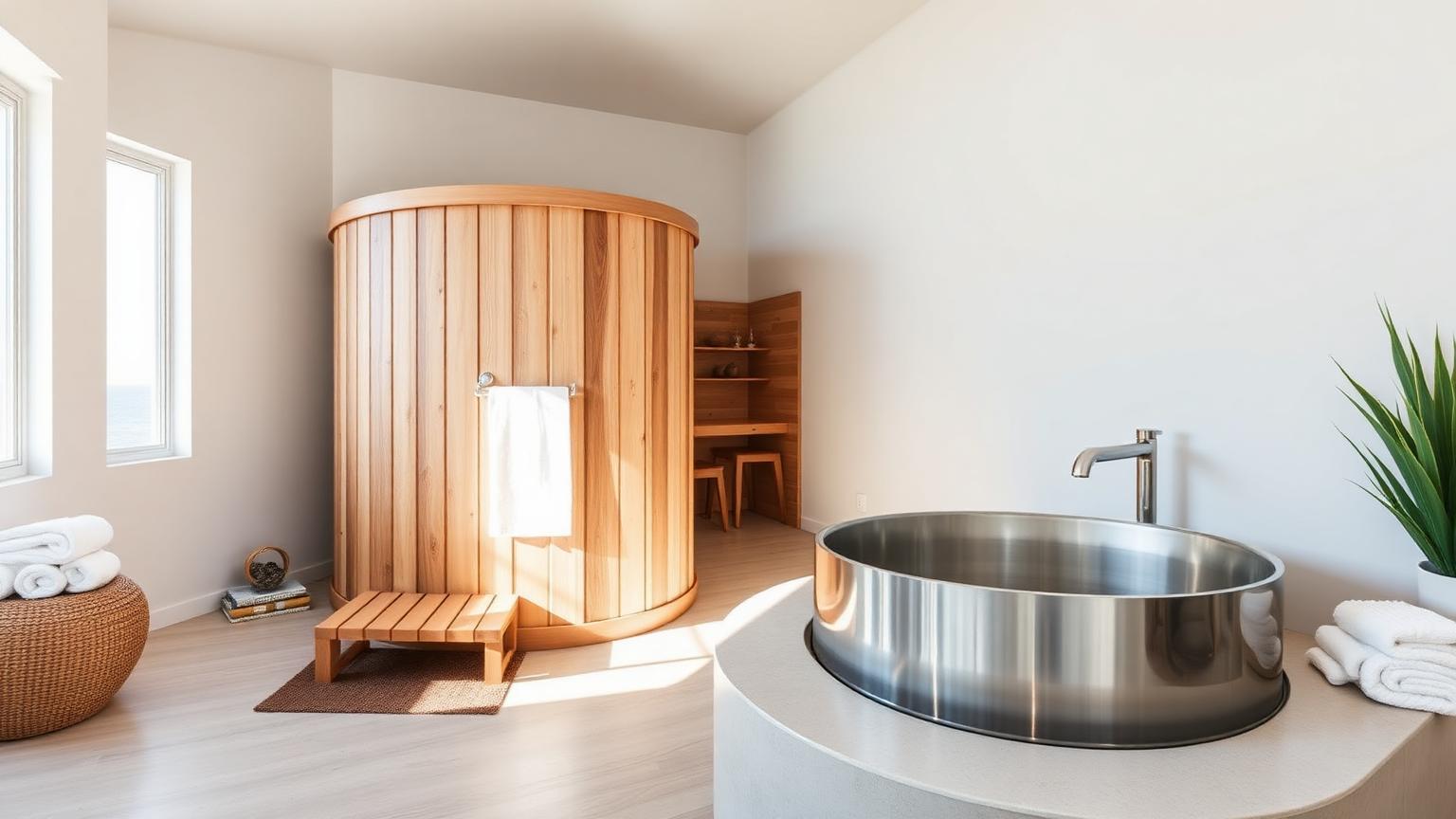 Cedar barrel sauna and stainless steel cold plunge tub in a bright San Diego wellness studio