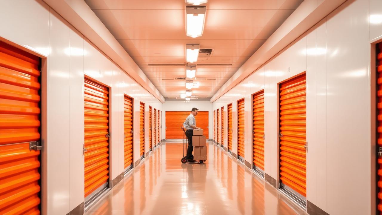 Clean self-storage facility corridor with orange roll-up doors and a person moving boxes on a dolly