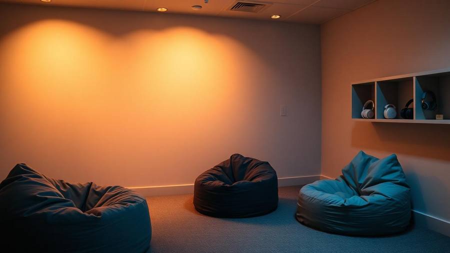 Calm dimly lit sensory-friendly quiet room with bean bag chairs, soft warm lighting, and noise-cancelling headphones on a shelf