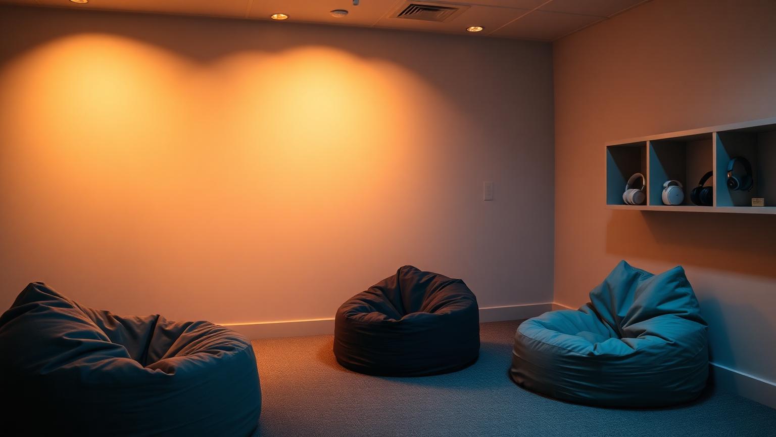 Calm dimly lit sensory-friendly quiet room with bean bag chairs, soft warm lighting, and noise-cancelling headphones on a shelf