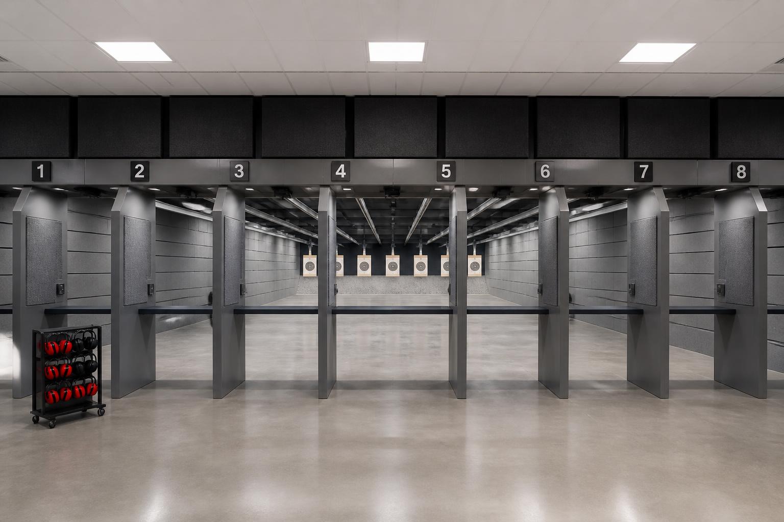 Empty modern indoor shooting range with eight numbered lanes, distant paper targets, and hearing protection