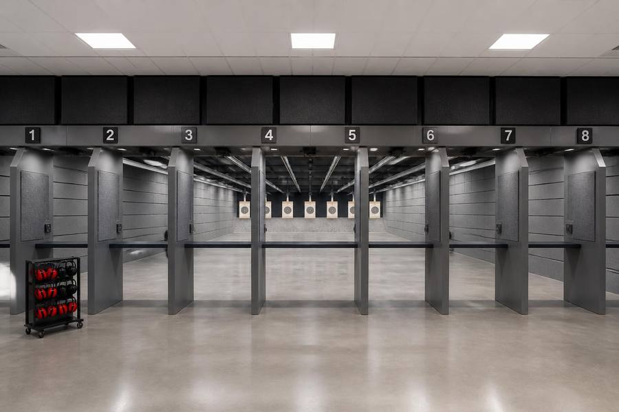 Empty modern indoor shooting range with eight numbered lanes, distant paper targets, and hearing protection