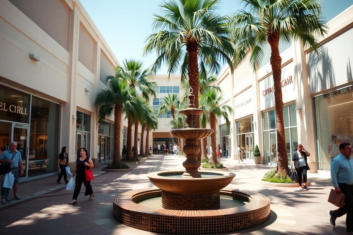 Open-air Southern California shopping center courtyard with palm trees, a tiled fountain and shoppers