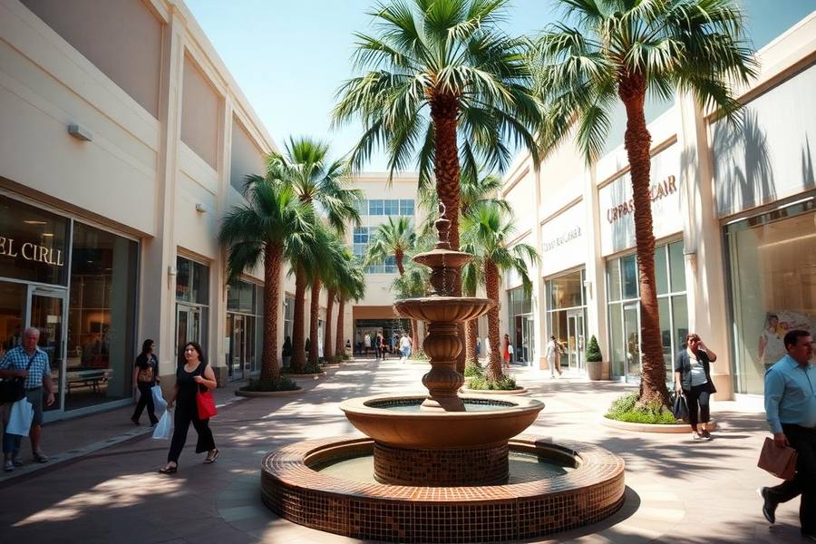Open-air Southern California shopping center courtyard with palm trees, a tiled fountain and shoppers