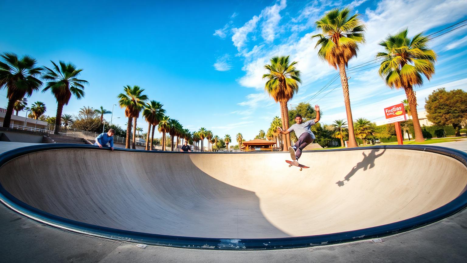 Skateboarder riding the concrete bowl at an outdoor San Diego skate park with palm trees behind