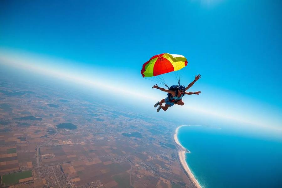 Tandem skydivers under a bright canopy descending over the Southern California coastline
