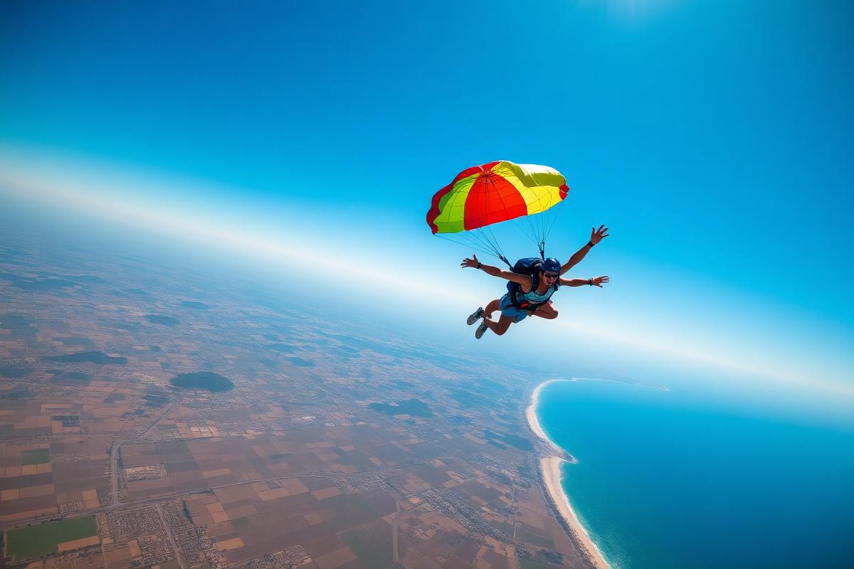 Tandem skydivers under a bright canopy descending over the Southern California coastline