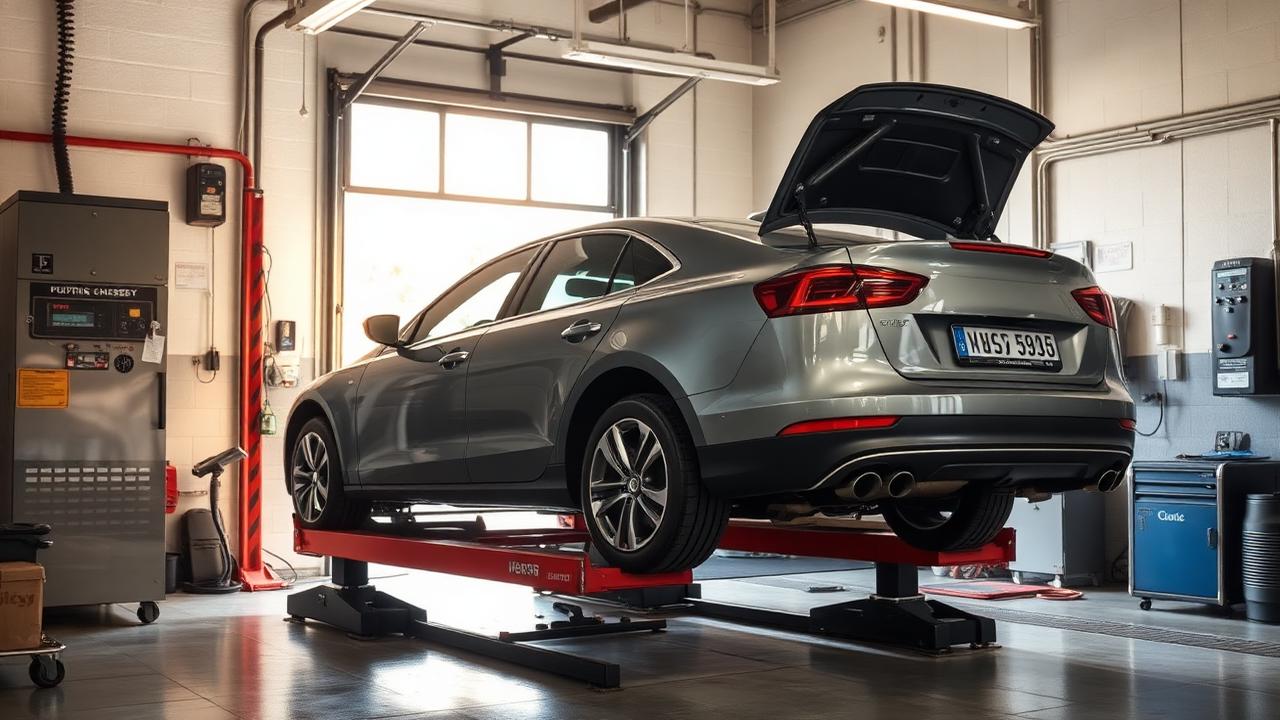 Car raised on a shop lift inside a bright San Diego smog check and inspection garage