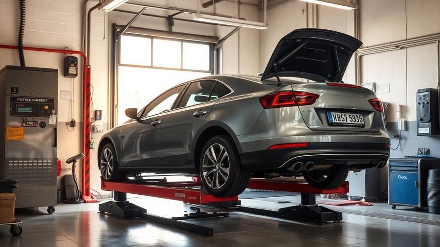 Car raised on a shop lift inside a bright San Diego smog check and inspection garage