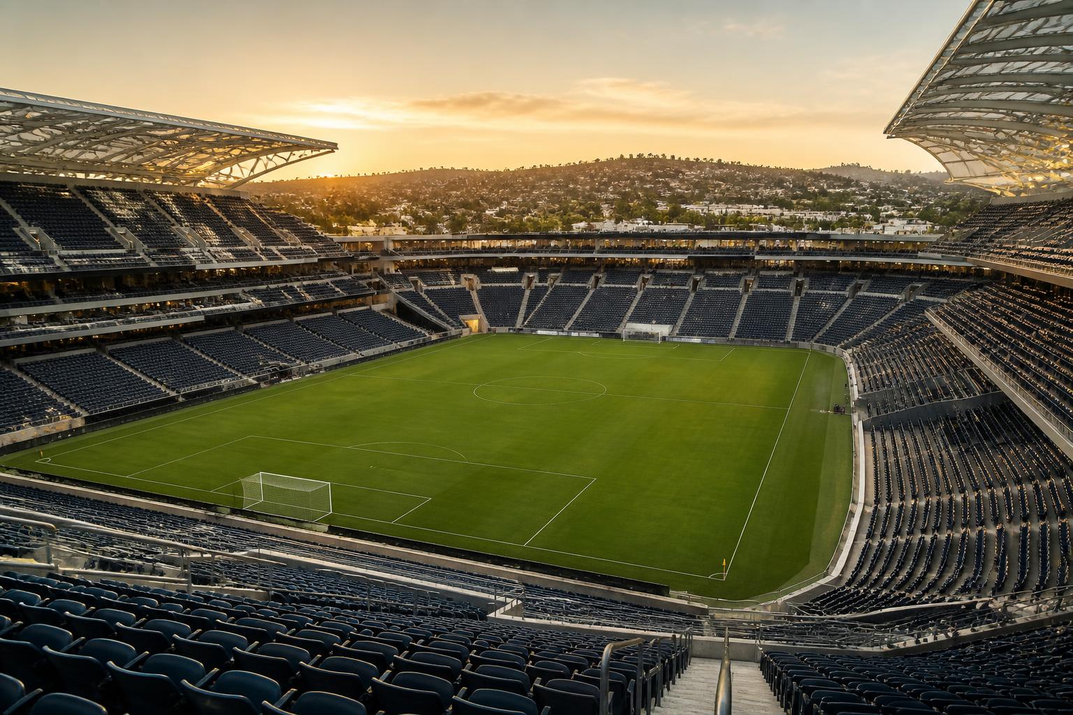 Modern open-air San Diego stadium and green soccer field viewed from the upper seating bowl at golden hour