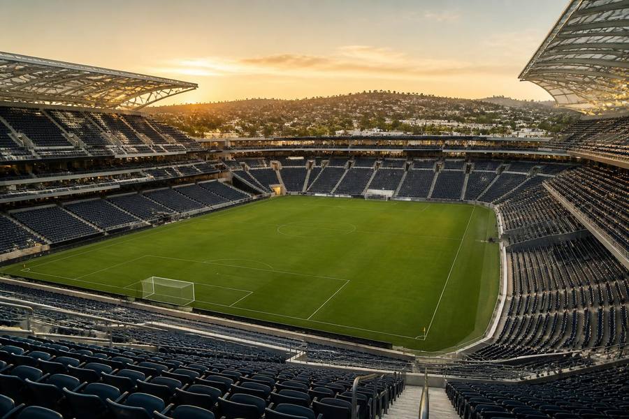Modern open-air San Diego stadium and green soccer field viewed from the upper seating bowl at golden hour