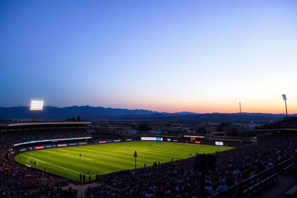 Open-air Snapdragon Stadium in Mission Valley San Diego lit at dusk with a crowd in the stands