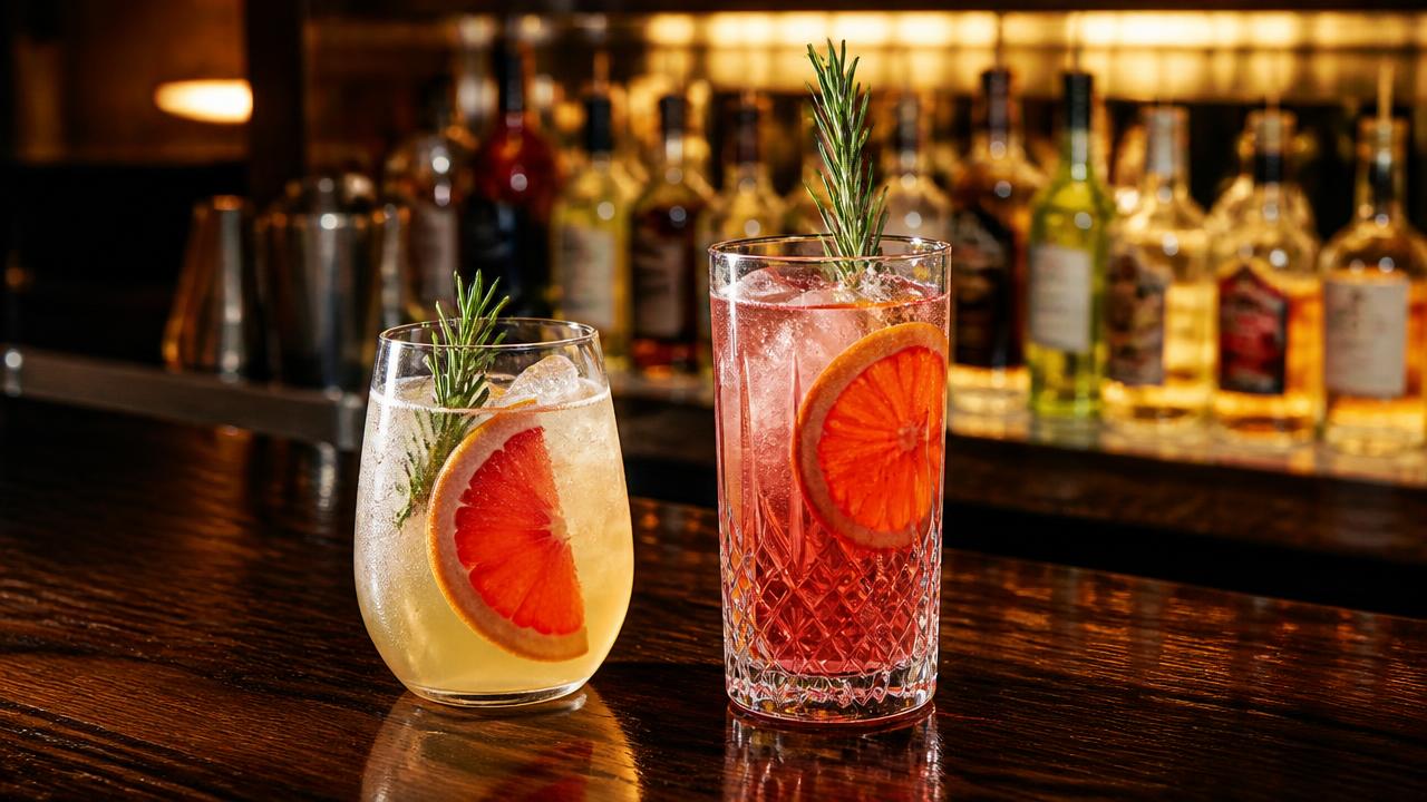 Two garnished non-alcoholic cocktails with grapefruit and rosemary on a dark wood bar in San Diego